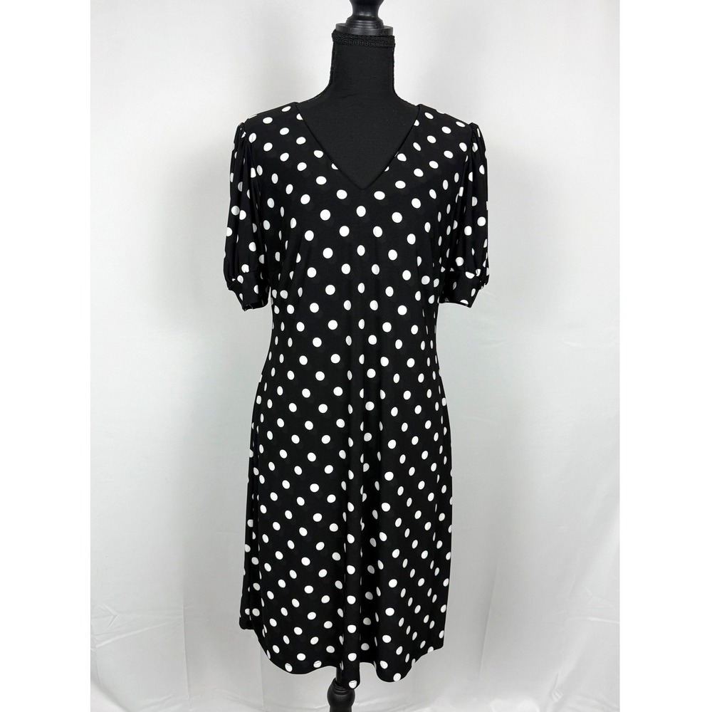 Tommy Hilfiger Womens Black White Polka Dot V-Neck Puff Sleeve Dress Size 8